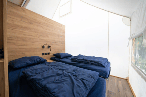 Innenaufnahme eines Safarizeltes mit zwei Einzelbetten, Holzverkleidung und Seitenfenster.