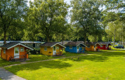 Cabañas de madera coloridas en un camping verde bajo árboles altos, perfectas para una experiencia glamping.