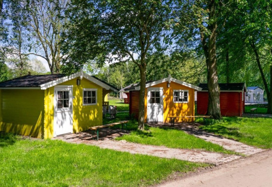 Twee vrolijke houten hutten bij Cabin lodge, tussen groene bomen op een zonnige dag in het bos.