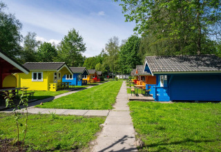 Cabañas de glamping coloridas en un camping verde con mesas, senderos y árboles bajo el sol brillante.