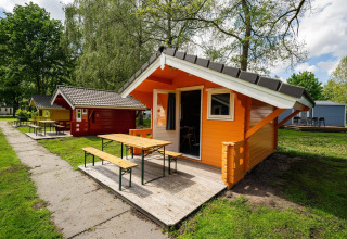 Vrolijke hutten bij Het Amsterdamse Bos in Nederland met houten terras, picknicktafels en groen gras.