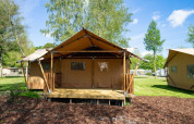Safari-Glampingzelt im Het Amsterdamse Bos, Niederlande, auf einer grünen, offenen Campingfläche.