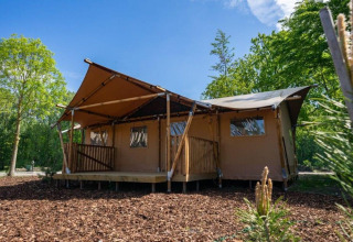 Lodge tente glamping au Het Amsterdamse Bos, Pays-Bas, entourée d’arbres sous un ciel ensoleillé.