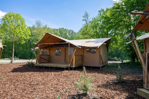 Tienda glamping en Het Amsterdamse Bos, Países Bajos, rodeada de árboles y naturaleza bajo un cielo azul.