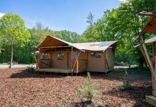 Tienda glamping en Het Amsterdamse Bos, Países Bajos, rodeada de árboles y naturaleza bajo un cielo azul.