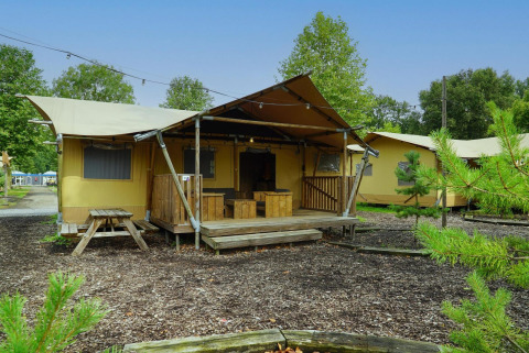 Tienda glamping en Het Amsterdamse Bos, Países Bajos, con terraza, muebles de madera y vegetación.