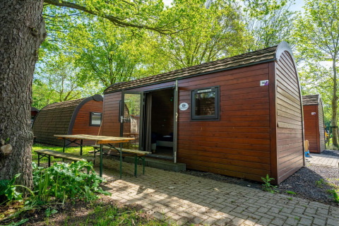 Casa pequeña llamada Pod en Het Amsterdamse Bos, Países Bajos, con bancos exteriores y vegetación abundante.