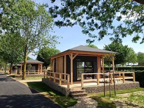 Moderne tiny house met houten veranda, gelegen in een groene en zonnige omgeving om te relaxen.