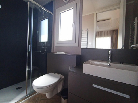 Modern badkamer in tiny house met zwevend toilet, inloopdouche en vierkante wastafel bij Maastricht.