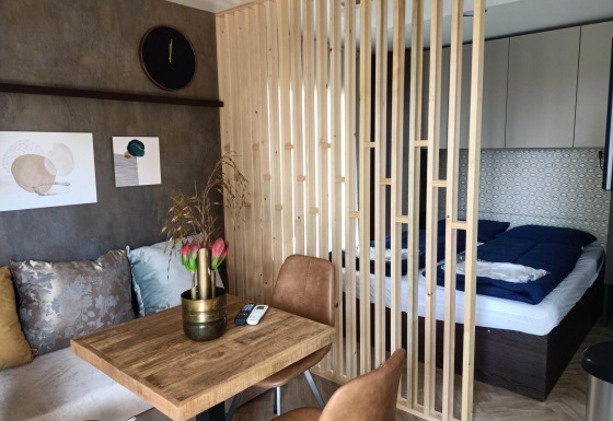 Interno moderno di Tiny House con separatore in legno, zona letto, tavolo da pranzo e divano accogliente.