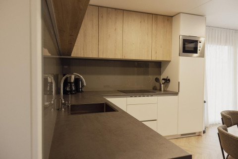 Cocina moderna en la cabaña Belsano en Poort van Maastricht, Países Bajos, con gabinetes de madera.