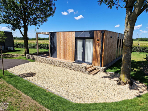 Moderne glampingaccommodatie Domus met houten bekleding, stenen terras en bomen in een groene omgeving.