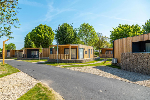 Lodges Domus modernes à Poort van Maastricht aux Pays-Bas, entourés d'arbres et de soleil éclatant.