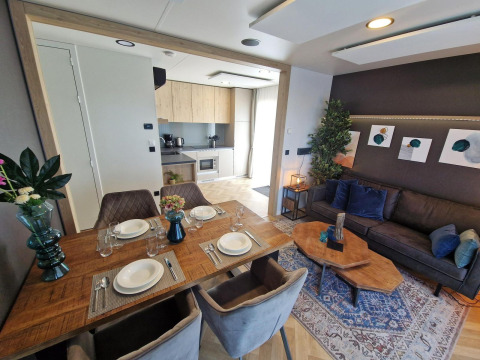 Modern living and kitchen area in tiny house Domus at Poort van Maastricht, Netherlands. Table set.