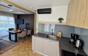 Modern tiny house kitchen and dining area inside Domus at Poort van Maastricht, Netherlands, with wood floor.