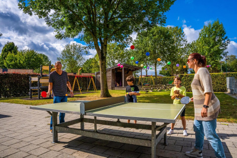 Famille jouant au tennis de table devant une tiny house Domus à Poort van Maastricht, aux Pays-Bas.