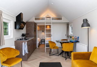 Sala moderna de Mountain Lodge en Resort Mooi Bemelen, Países Bajos, con sillas amarillas y altillo.