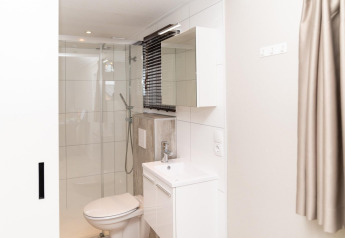 Modern bathroom in Mountain Lodge at Resort Mooi Bemelen, Netherlands with shower, toilet and sink.