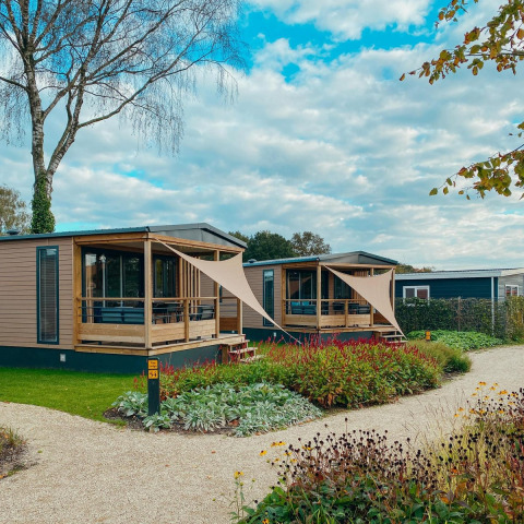 Twee Tiny Court-lodges met luifel op vakantiepark De Boshoek in Nederland, temidden van bloeiende tuinen.