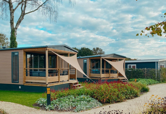 Twee Tiny Court-lodges met luifel op vakantiepark De Boshoek in Nederland, temidden van bloeiende tuinen.