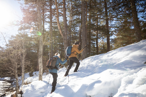 Dos excursionistas suben una colina nevada en el bosque de Les Chalets Huttopia de Vallouise en Francia.