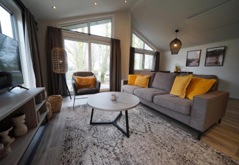 Soggiorno moderno nel lodge Hackfort al Vakantiepark Aan de Maas, Paesi Bassi, con cuscini gialli e grandi finestre.