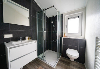 Moderne badkamer in de Hackfort lodge van Vakantiepark Aan de Maas, met douche, lavabo en toilet.