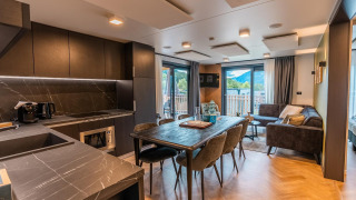 Modern living and kitchen area in Wulfenia lodge with mountain views through large windows.