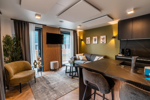 Sala de estar moderna en la Seerose lodge junto al lago Ossiacher See, Austria, con decoración elegante y cocina.