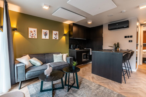 Sala y cocina modernas en la cabaña Seerose en Ossiacher See, Austria, con decoración elegante y muebles modernos.