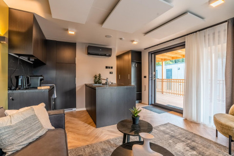 Lodge moderne Seerose au lac Ossiacher See en Autriche avec salon élégant, cuisine ouverte et terrasse.