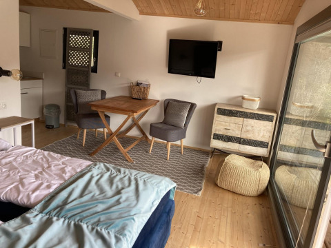 Interni della confortevole Stuga 2 al Wörthersee in Austria con zona pranzo, TV, poltrone e pouf.