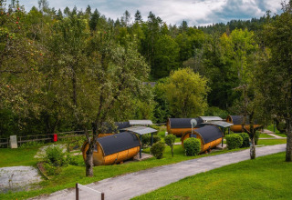Pequeñas casas tipo cabaña Tractor en Wörthersee, Austria, rodeadas de árboles y césped bajo un cielo nublado.