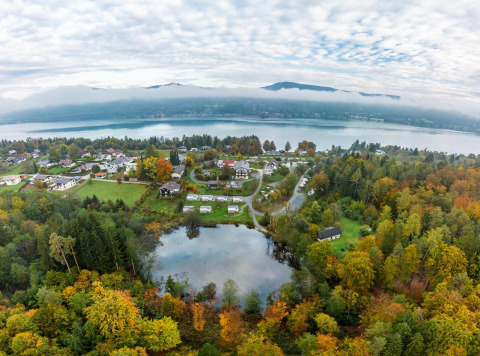 Vista aérea de la Tractor Cabin y tiny houses en Wörthersee, Austria, rodeadas de bosque y lago pintoresco.
