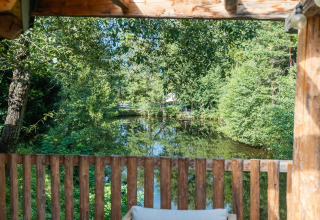 Gezicht vanuit het boomhuis bij Wörthersee in Oostenrijk, met balkon, bos en een kalme vijver.