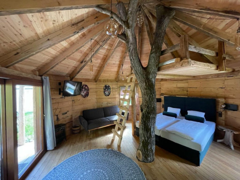 Vista interior de la Treehouse en Wörthersee, Austria, con tronco de árbol, suelo de madera y decoración moderna.