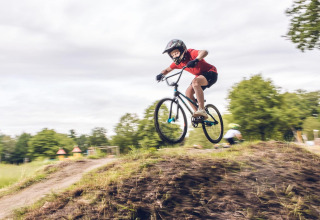 A boy wearing a helmet rides a mountain bike over a hill at a lodge, surrounded by green scenery.