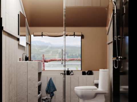 Modern badkamerinterieur in safaritent bij Ranger Lodge, Veluwepark de Bosgraaf, Nederland, met uitzicht.