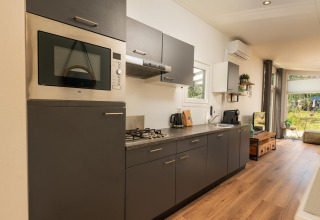 Cocina moderna en Forest Lodge en Veluwepark de Bosgraaf, Países Bajos, con gabinetes grises elegantes.