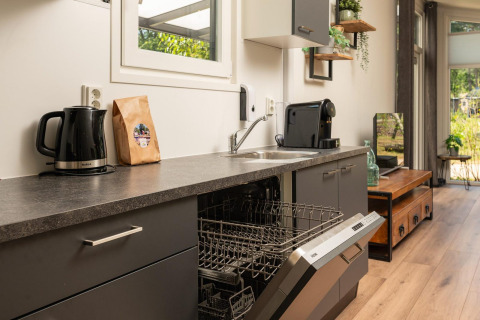 Piano cucina moderno al Forest Lodge di Veluwepark de Bosgraaf, Paesi Bassi, con lavastoviglie aperta.