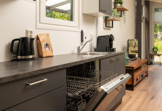 Piano cucina moderno al Forest Lodge di Veluwepark de Bosgraaf, Paesi Bassi, con lavastoviglie aperta.