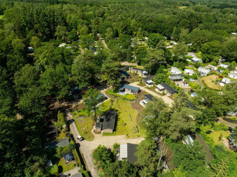 Vista aérea de cabañas en Veluwepark de Bosgraaf, Países Bajos, rodeadas de bosques y naturaleza verde.