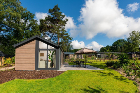 Moderna cabaña Velthorst en Veluwepark de Bosgraaf, Países Bajos, rodeada de jardines y exuberante vegetación.