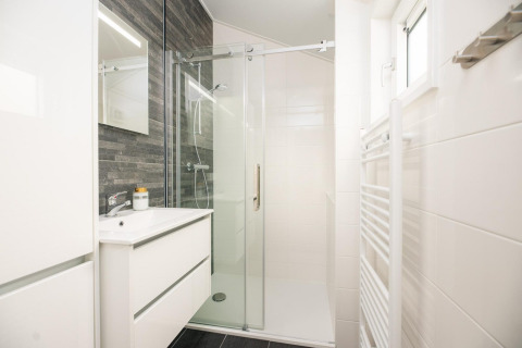 Baño moderno con ducha de vidrio y pared oscura en Velthorst, Veluwepark de Bosgraaf, Países Bajos.