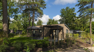 Exterior view of the Loevestein Comfort lodge, surrounded by trees and greenery under a blue sky.