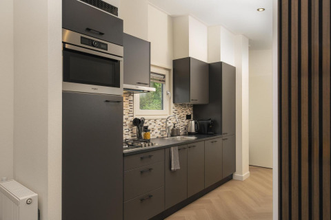 Cocina moderna en la cabaña Loevestein Comfort en Veluwepark de Bosgraaf, Países Bajos, con muebles oscuros.