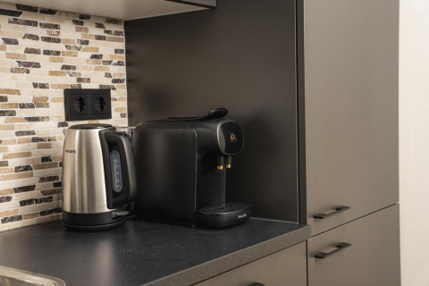 Una cocina moderna en Loevestein Comfort en Veluwepark de Bosgraaf con hervidor y cafetera.