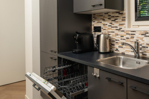 Zona de cocina moderna en lodge con lavavajillas abierto, cafetera, tetera eléctrica y pared de mosaico.