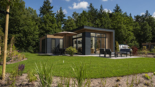 Modern lodge with patio, outdoor seating, umbrella, and lush green lawn surrounded by tall trees.