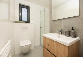 Modern bathroom in Tiny Lodge at Veluwepark de Bosgraaf, Netherlands, featuring wood vanity, toilet, and shower.